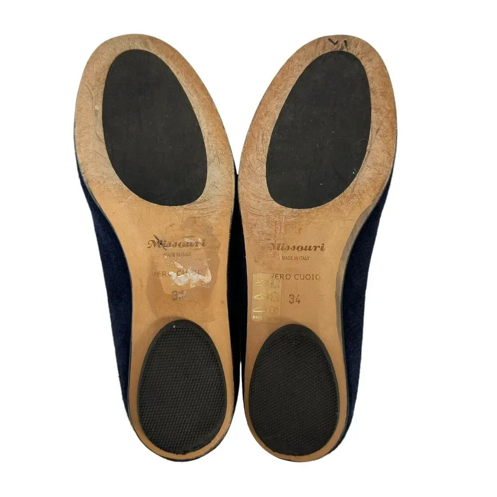 Missouri Italian Shoes Suede Leather Flats Fur Heart Embellished Navy EU34 US3.5